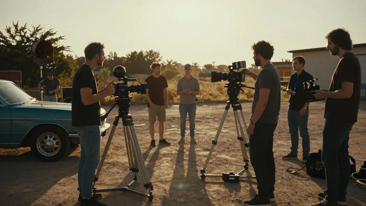 Film crew discussing lens choices on a sunlit movie set