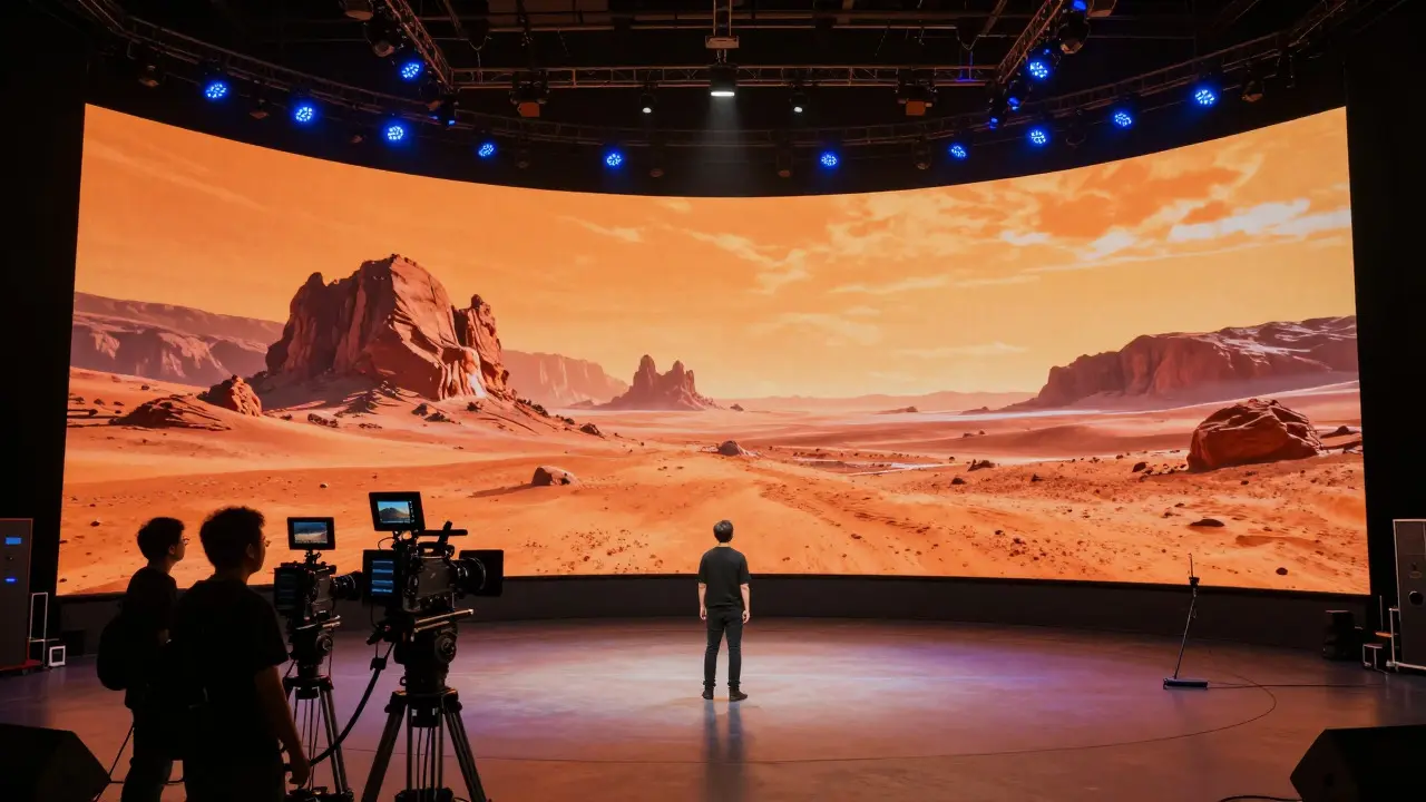 Film crew filming an actor in front of a large LED screen showing a Mars landscape