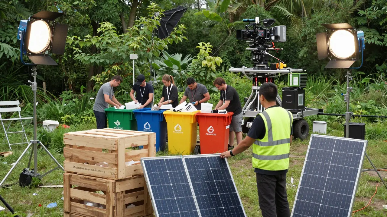Film crew managing waste and using solar power on a sustainable movie set