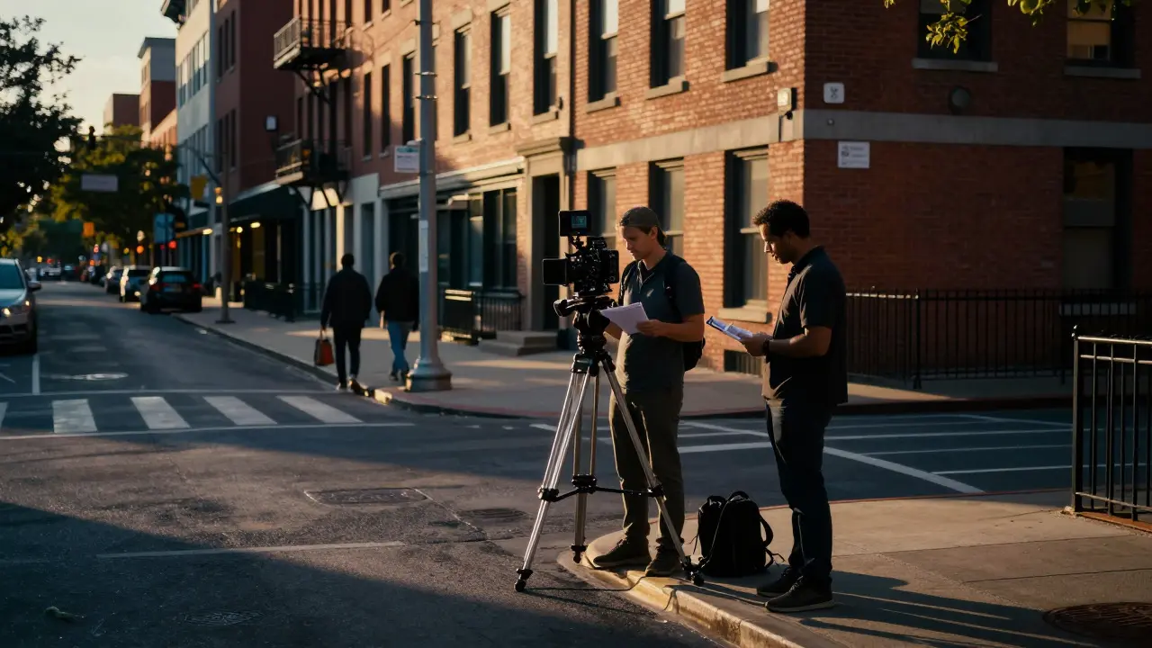 Film crew setting up cameras on a city street during golden hour