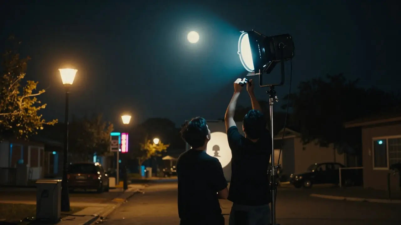 Film crew setting up HMI lights to simulate moonlight on a night shoot