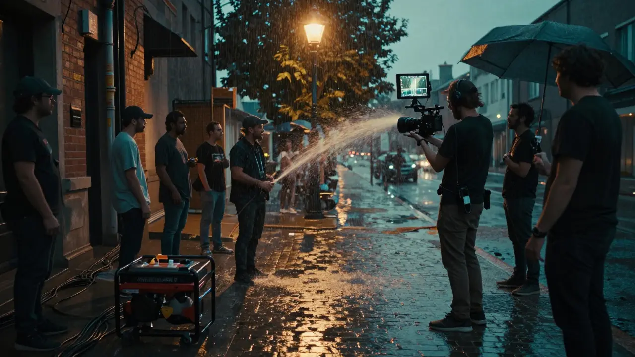Film crew setting up practical rain effects on a city street at dusk