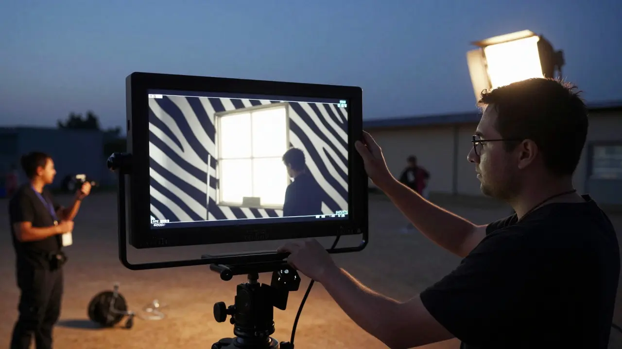 Film crew using zebra stripes on a monitor to check exposure on set