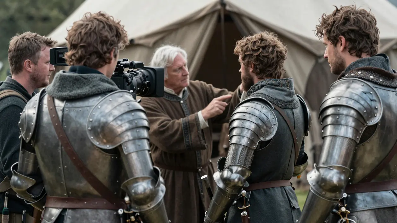 Film crew working on a historical set with a director, actors, and historians