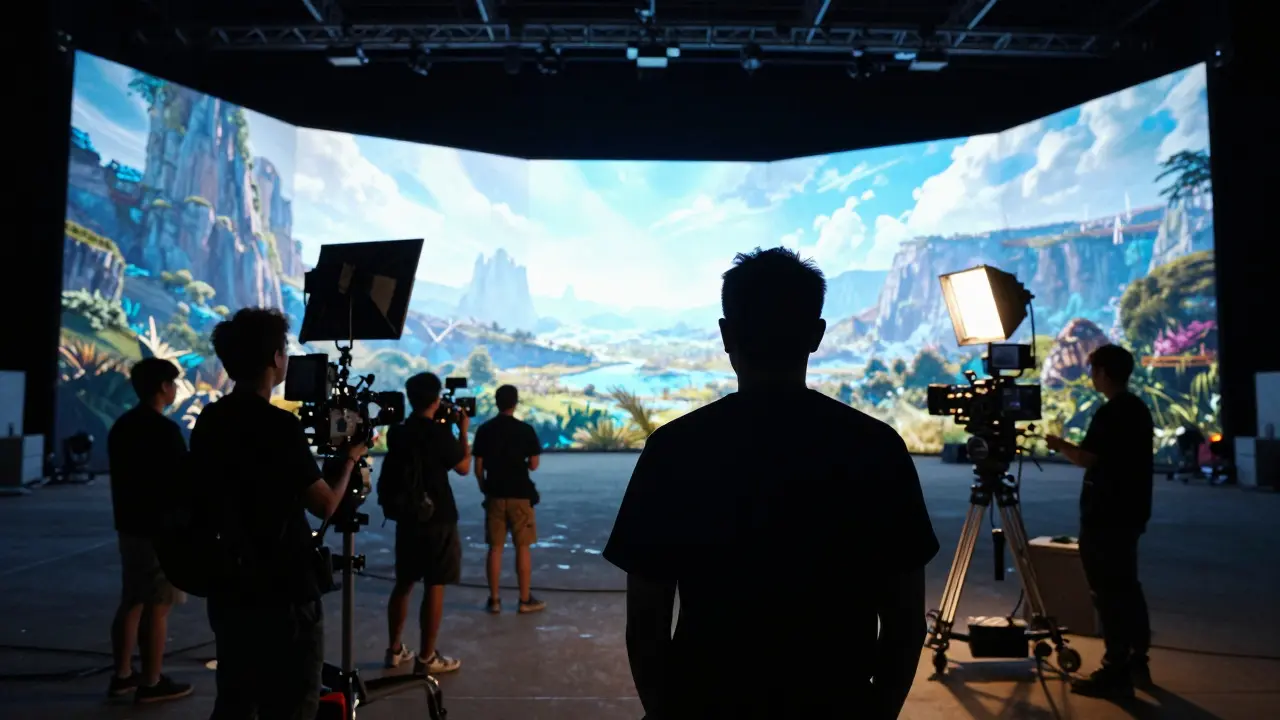 Film crew working on a set with a large virtual production screen