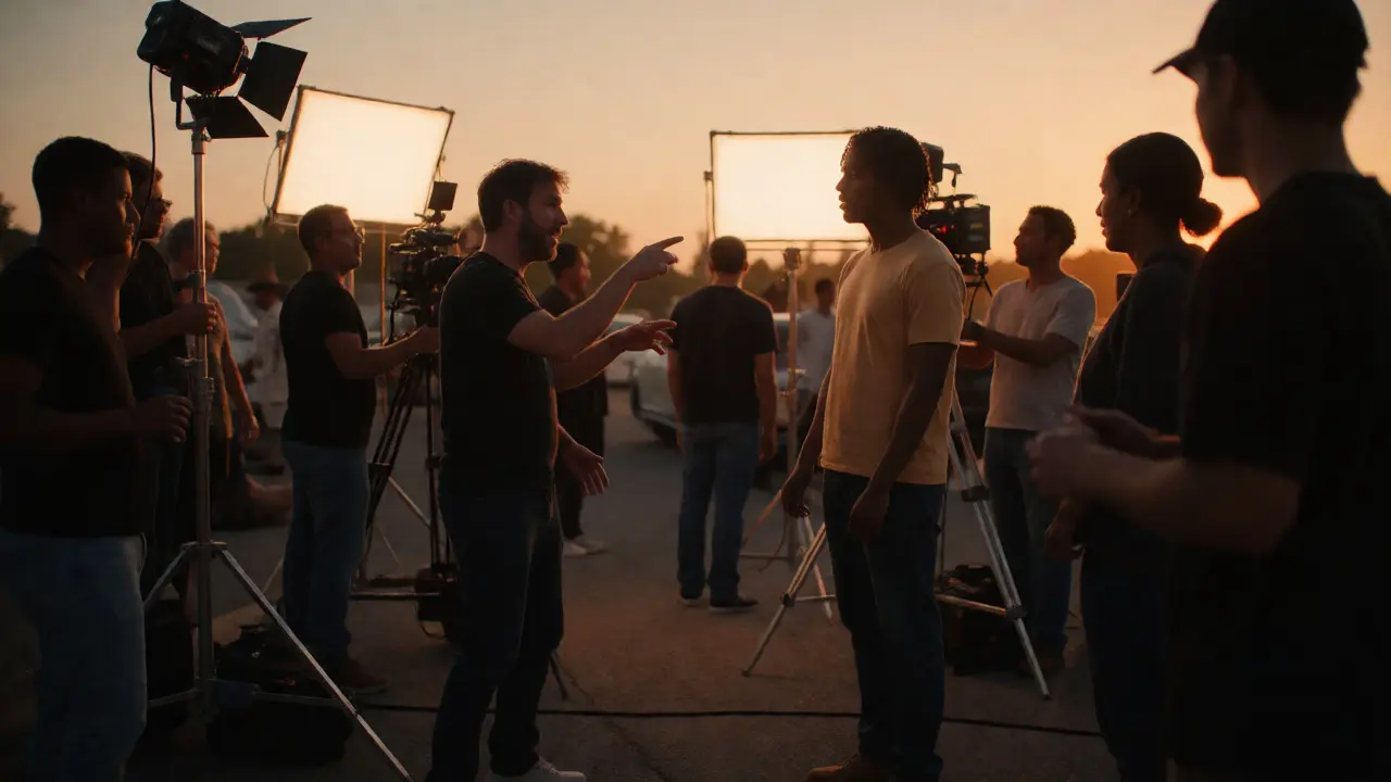 Film crew working on an independent movie set during sunset