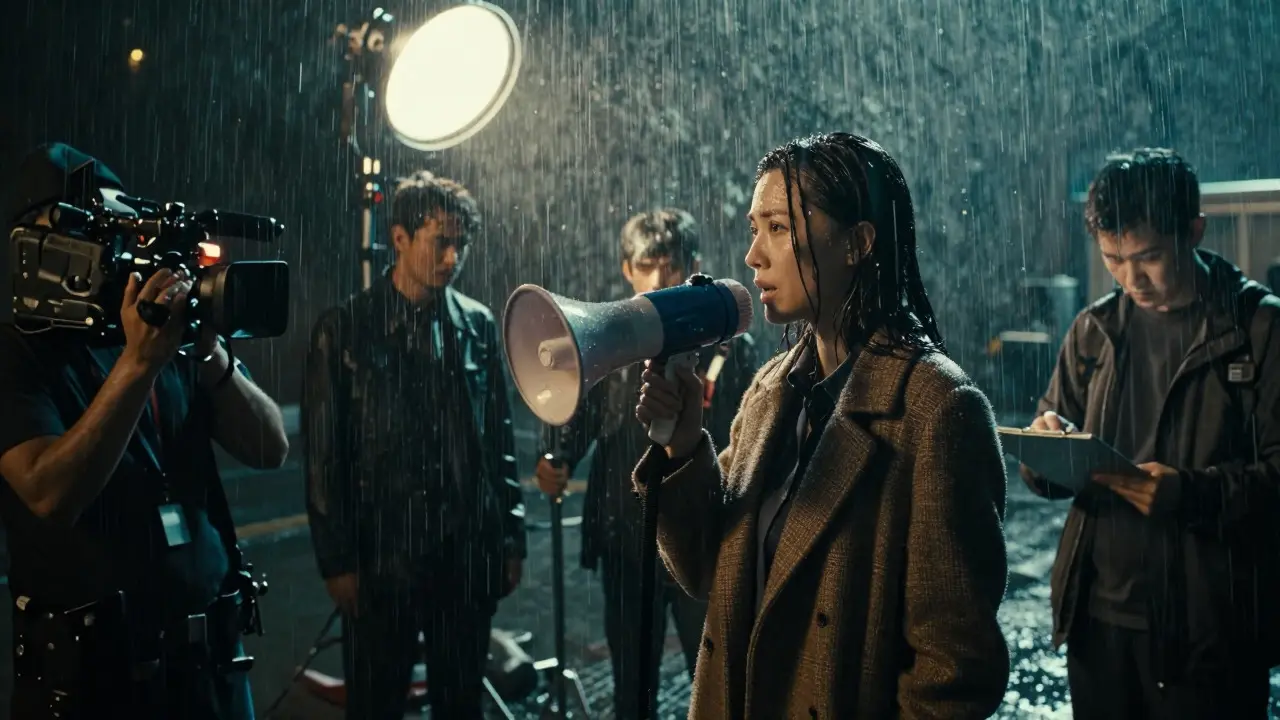 Film director giving instructions to an actor during a rainy night shoot