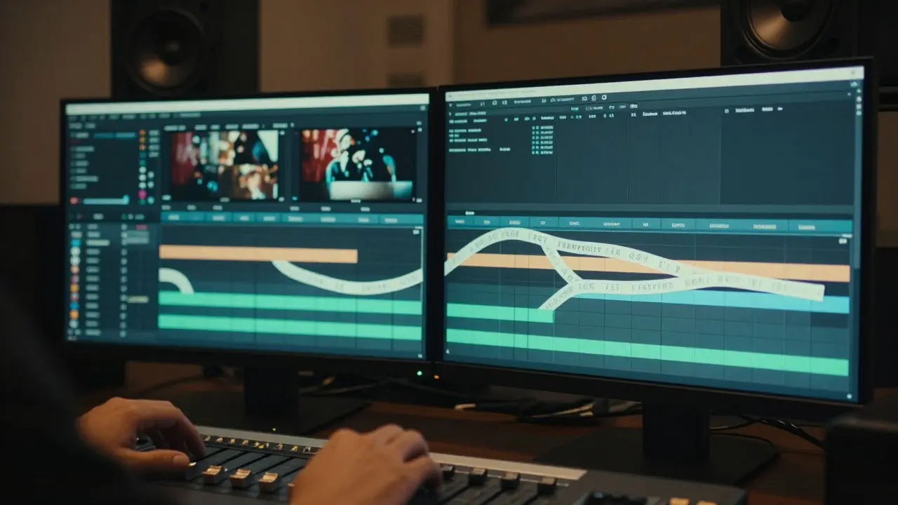Film editor adjusting audio levels on a console with abstract timeline visuals
