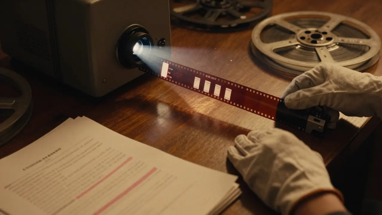 Film editor inspecting 35mm film strip with credit titles in a warm-lit room