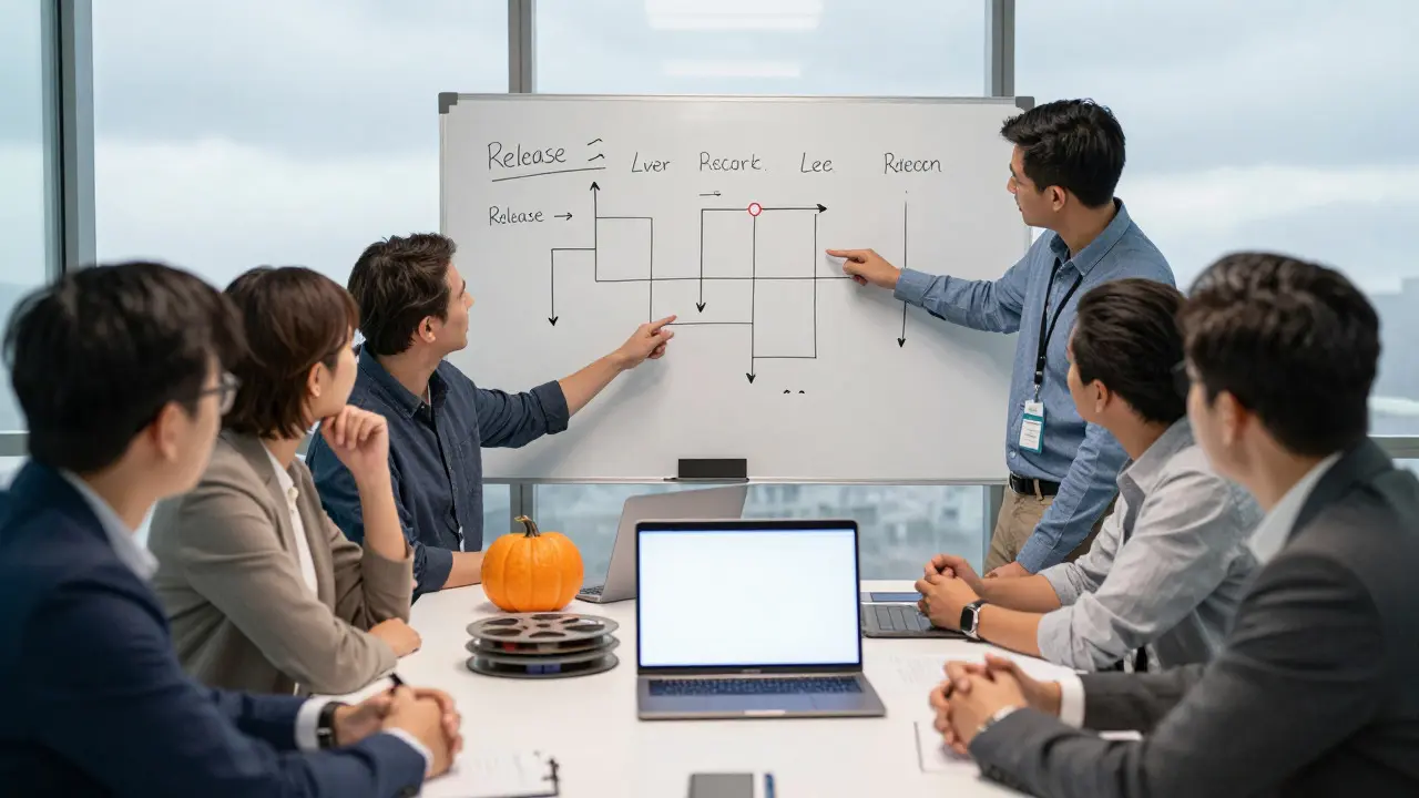 Film executives discussing release strategies around a whiteboard in a modern office