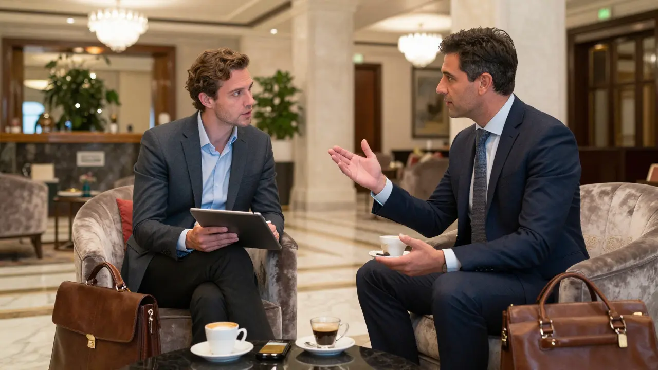Film industry executives negotiating deals in a luxury hotel lobby