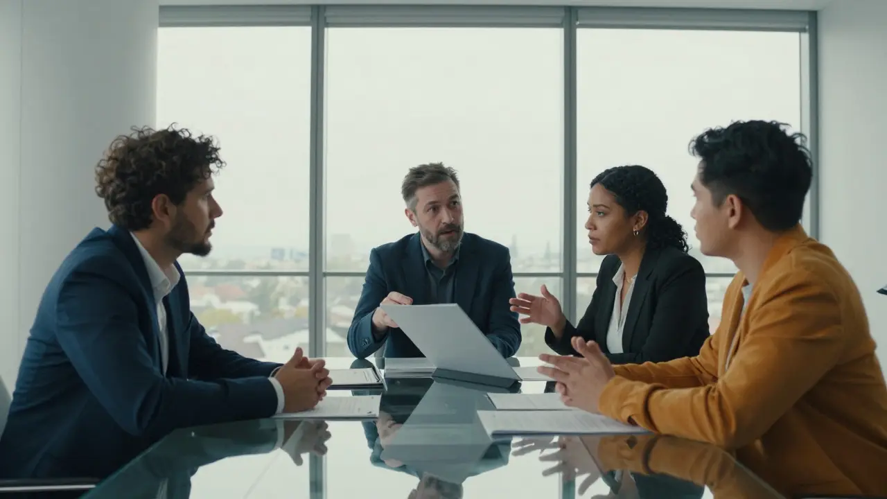 Film investors and a writer discussing project details in a modern office