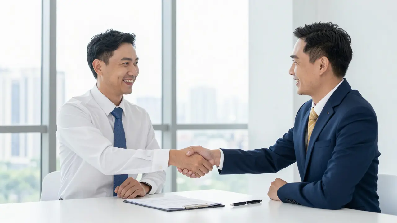 Film producer and insurance underwriter shaking hands over a contract
