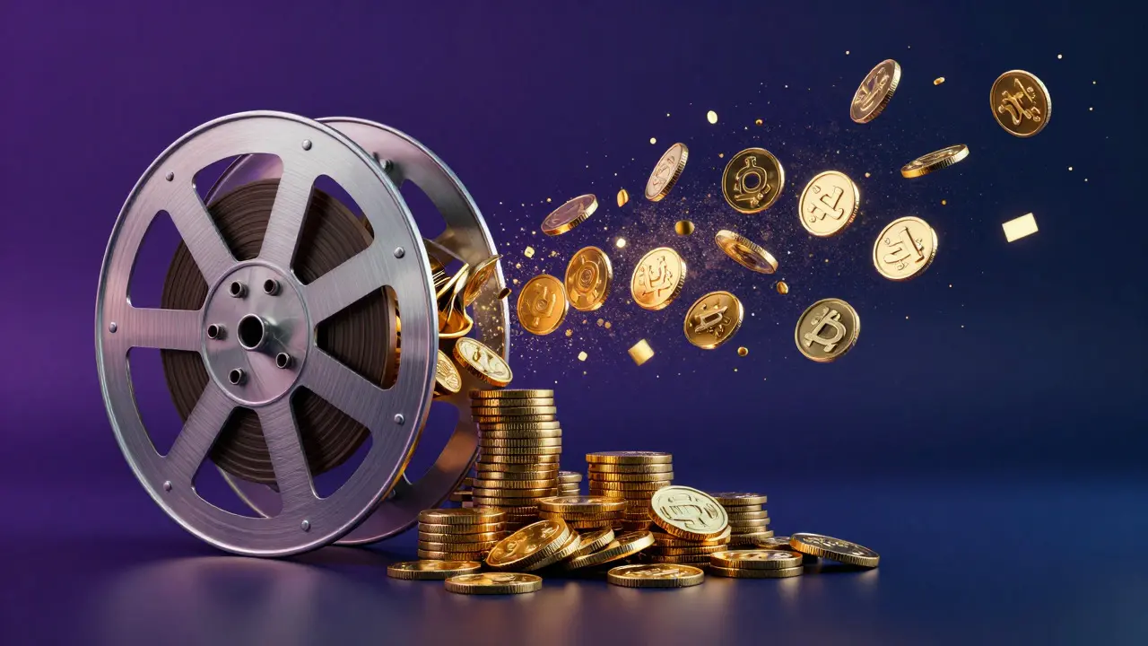 Film reel transforming into gold coins and digital particles