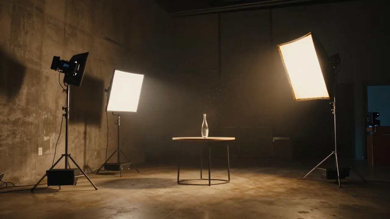 Film set lighting rig demonstrating key, fill, and back light techniques