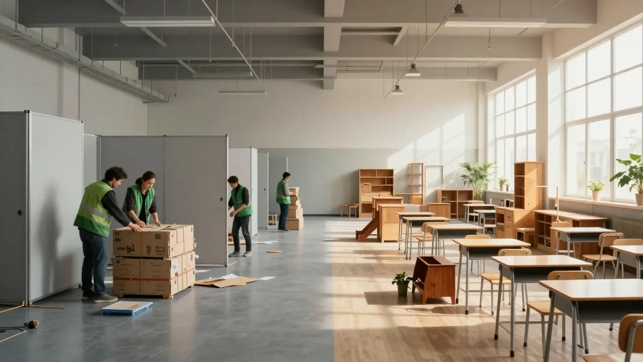 Film set materials being transformed into community furniture in a conceptual illustration