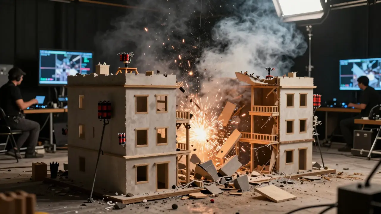 Film set showing a miniature building rigged for a practical explosion sequence