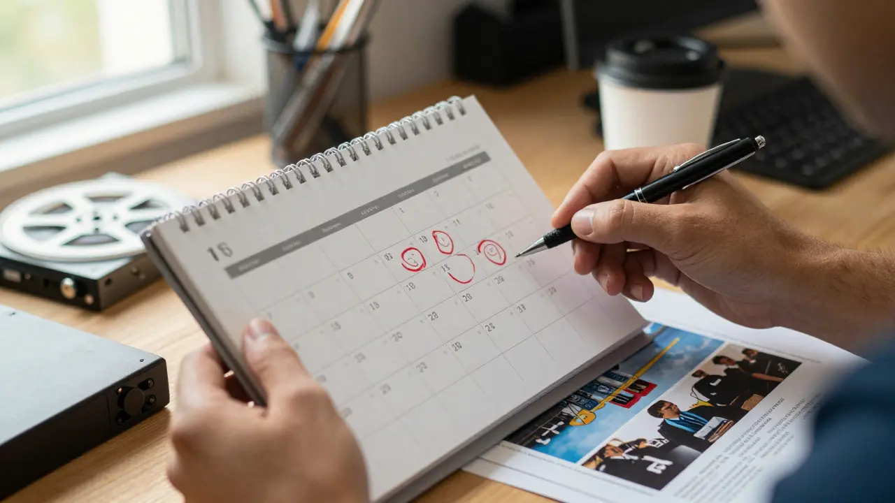 Filmmaker's hands planning festival dates on a calendar with production items