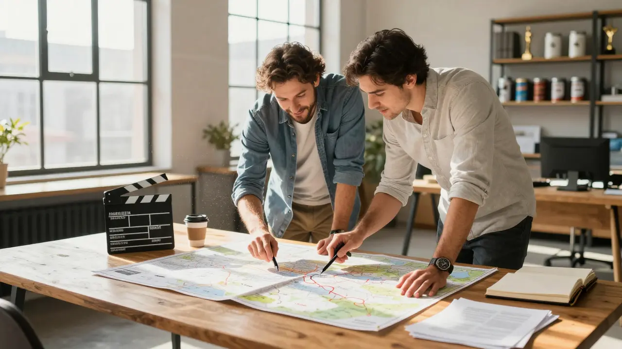 Filmmaker and booker discussing strategy over a map in an office