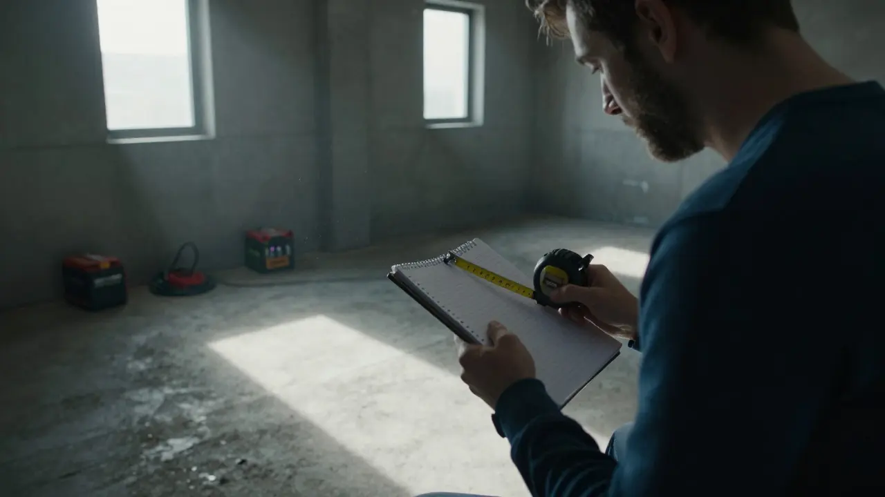 Filmmaker assessing lighting and power sources in a dim concrete basement