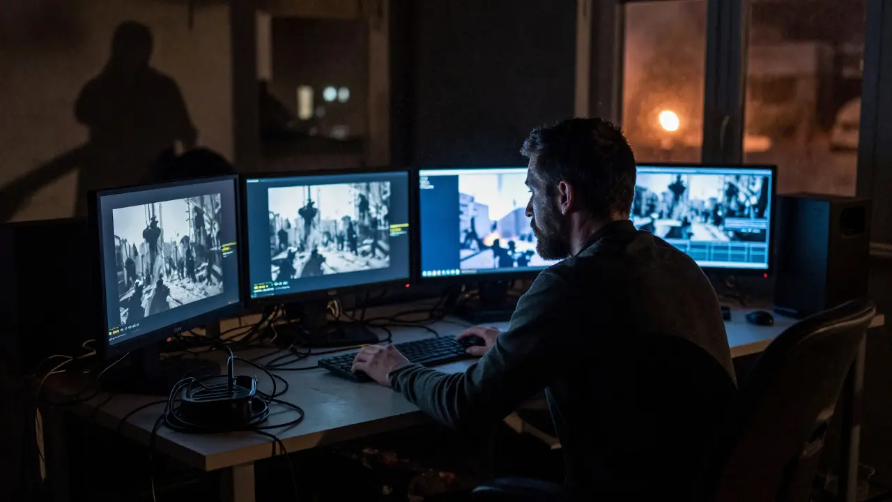 Filmmaker editing footage in a dimly lit room with city explosions visible outside