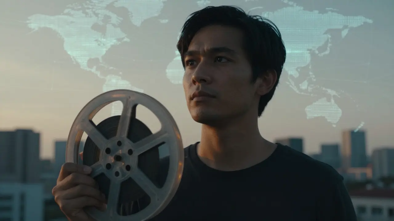 Filmmaker holding a reel against a backdrop of global digital networks