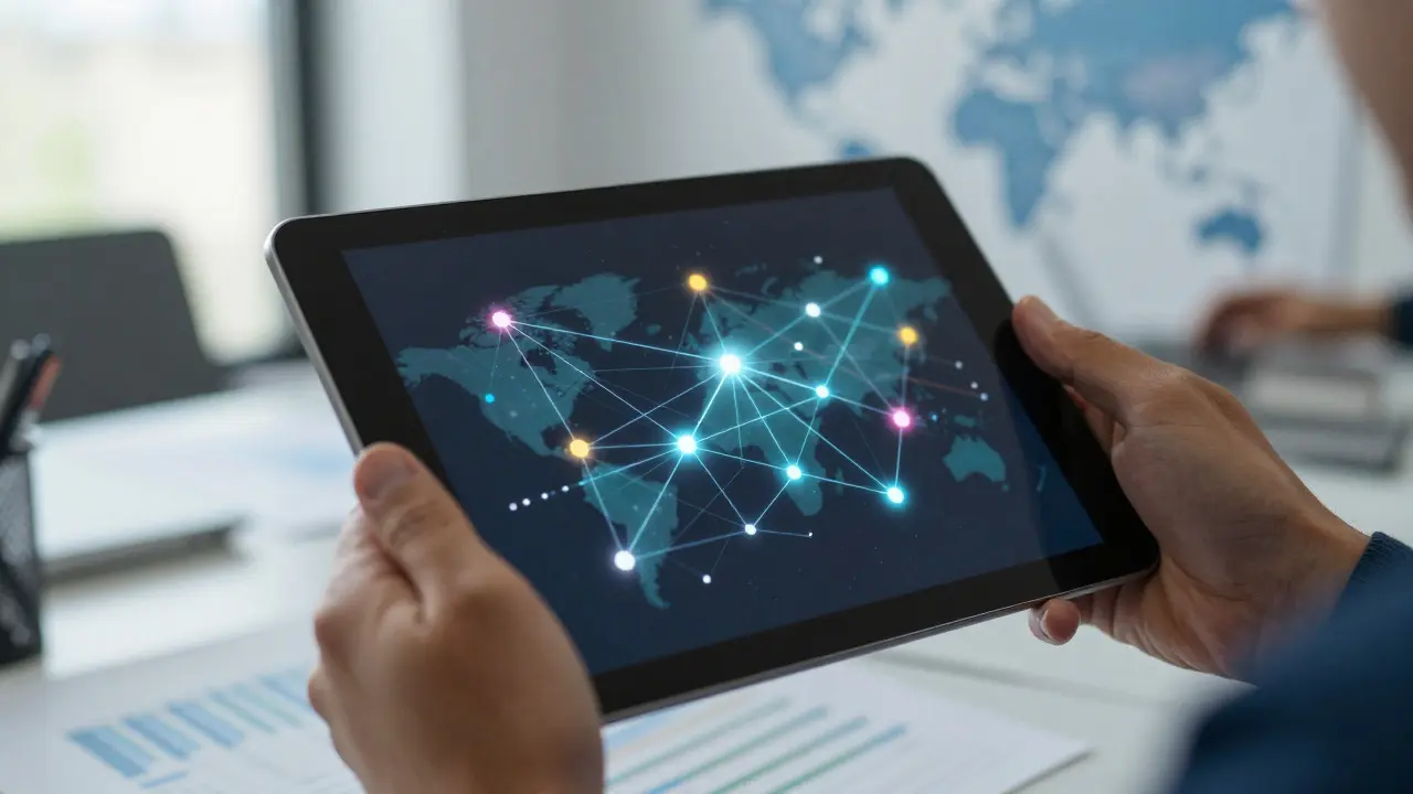 Filmmaker holding a tablet displaying an abstract data network map in a bright office