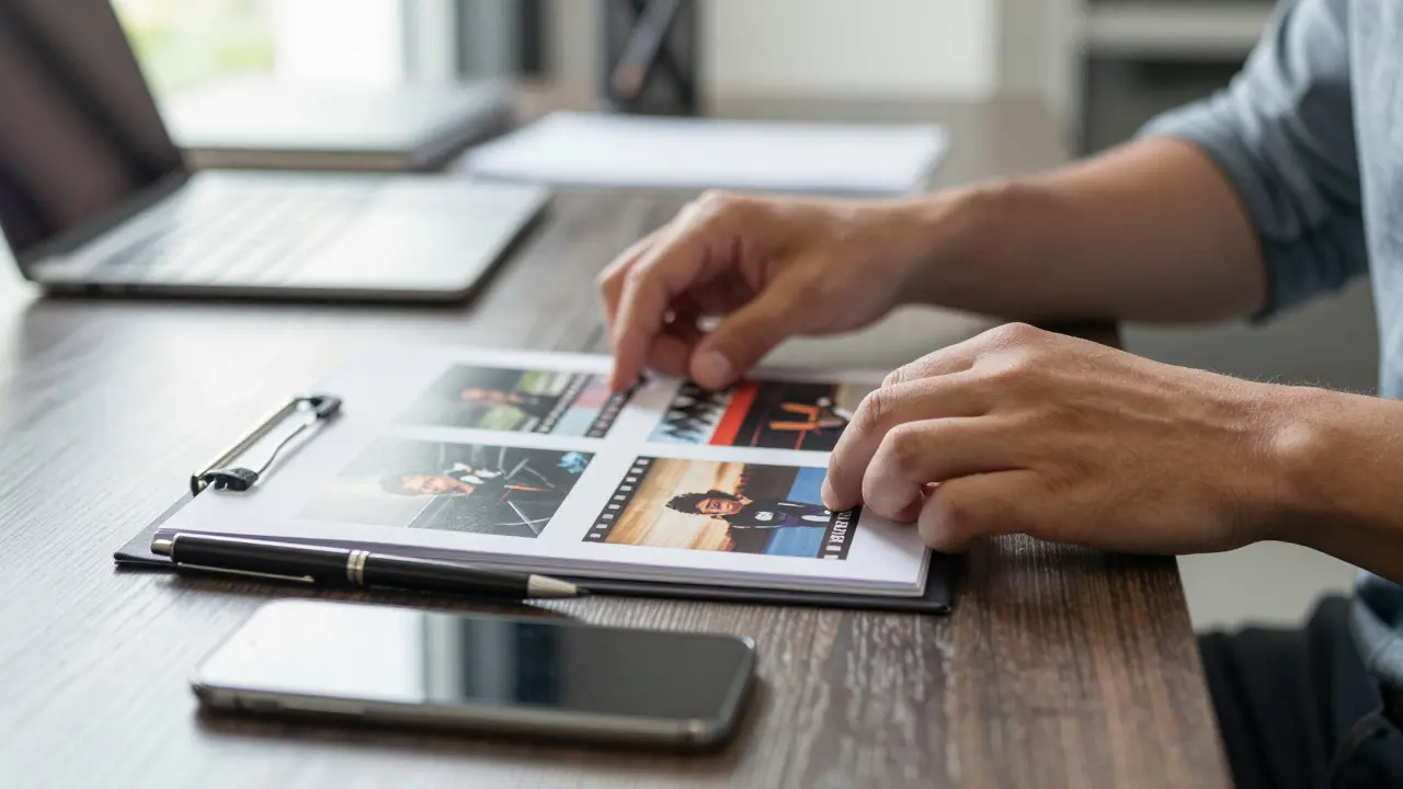 Filmmaker organizing printed film stills and press materials on a desk