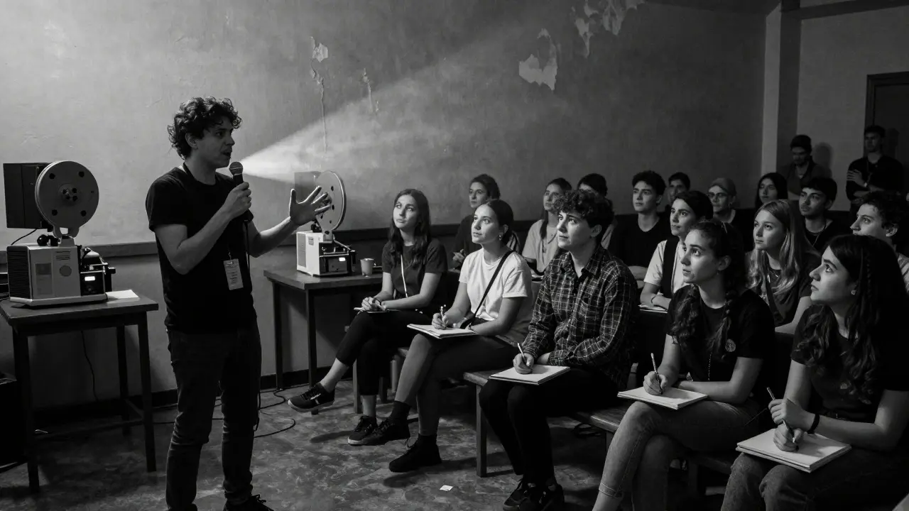 Filmmaker speaking to an attentive crowd during a Q&amp;A in a community hall