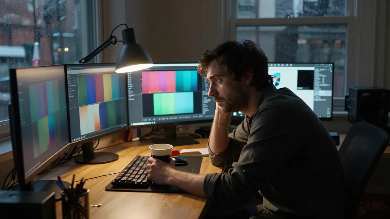 Filmmaker working late at night in a home office with monitors