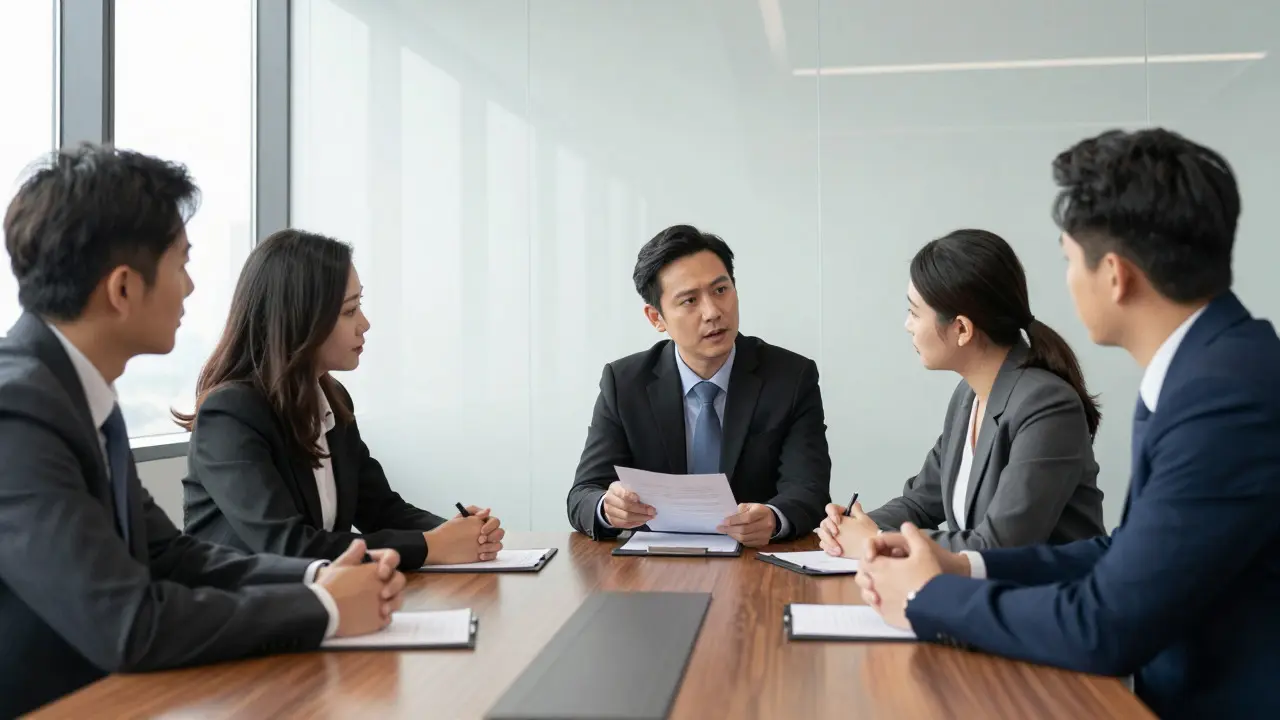 Filmmakers and an attorney discussing legal risks in a modern conference room