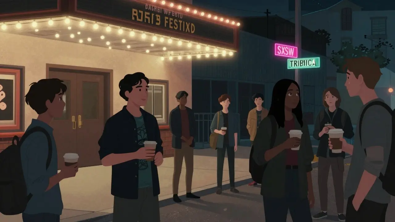 Filmmakers networking outside a small theater at an independent film festival