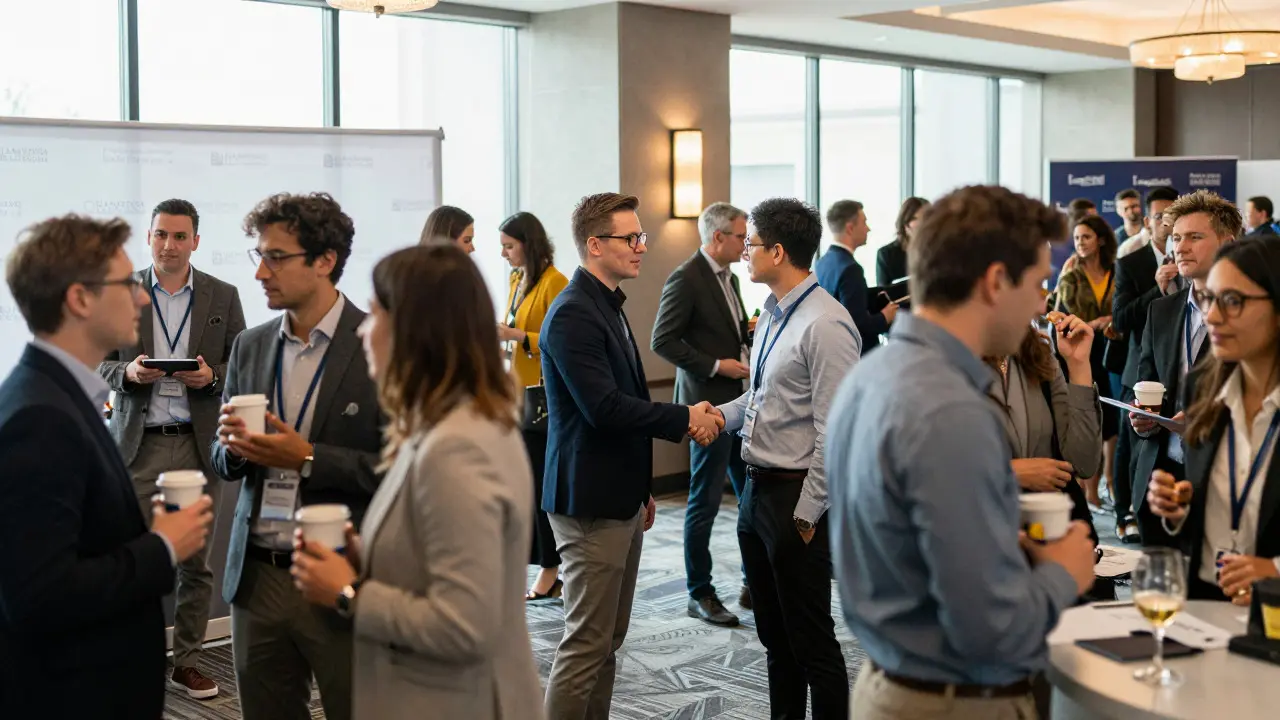 Filmmakers shaking hands at a crowded film festival industry networking event