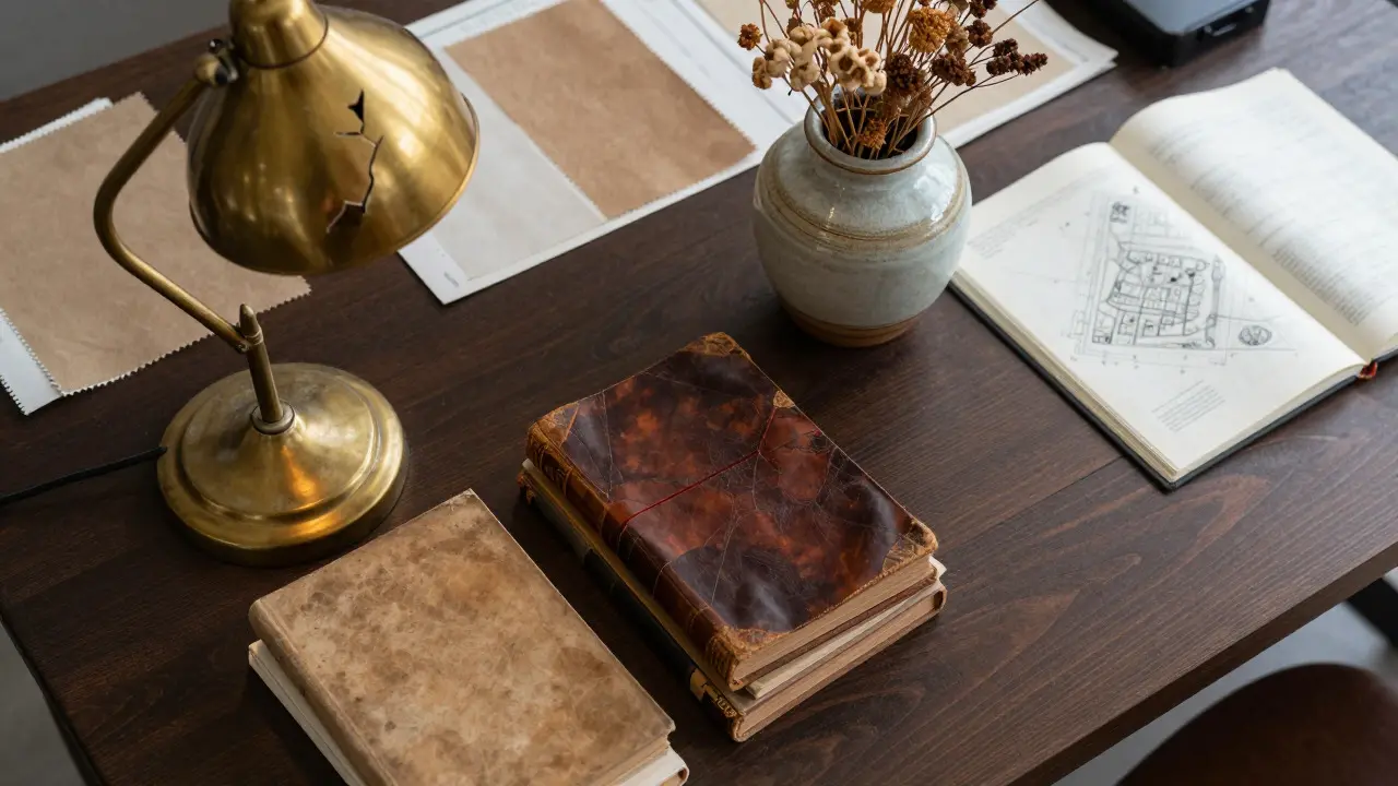 Flat lay of vintage props and fabric swatches on a wooden table