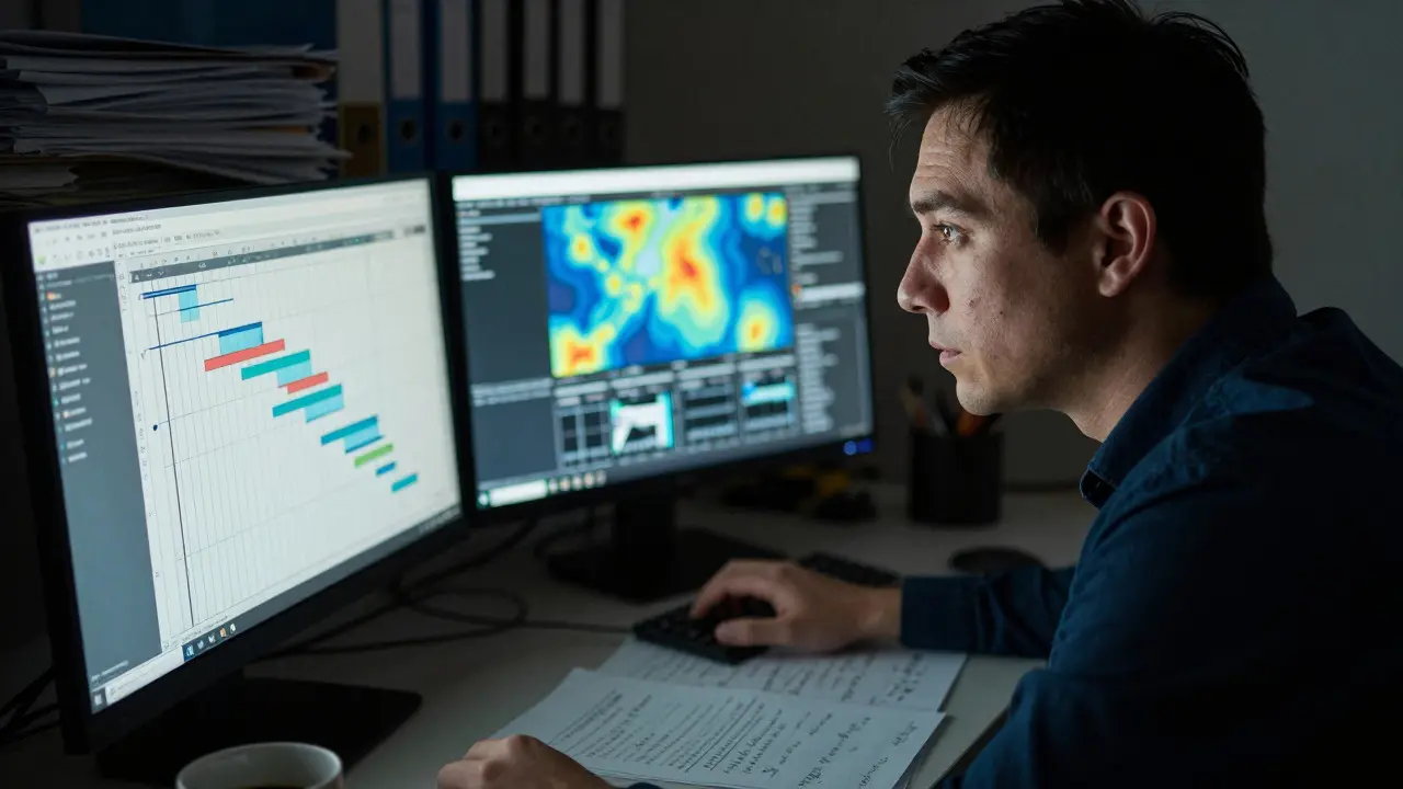Focused line producer analyzing complex production schedules in a dim office