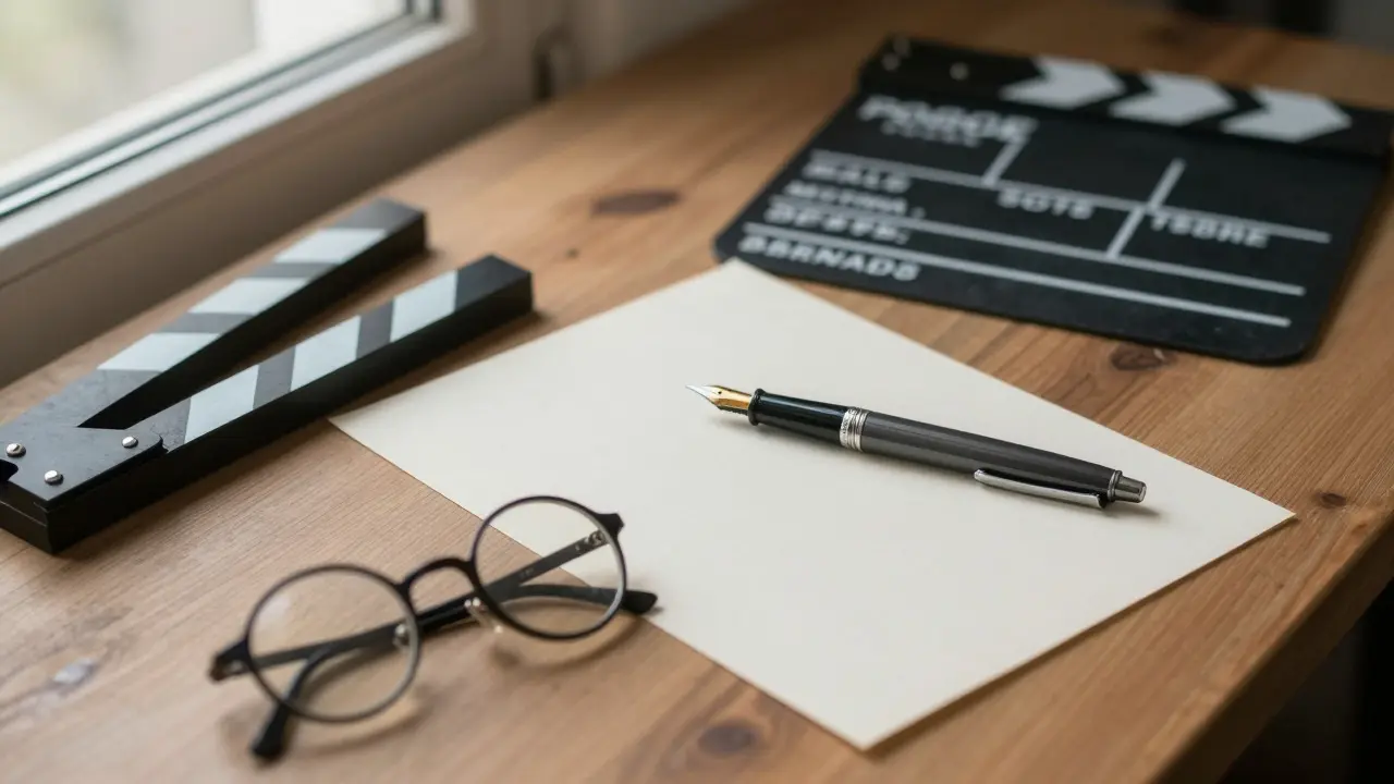 Fountain pen and blank paper on a desk with film clapperboards and glasses, lit by window light