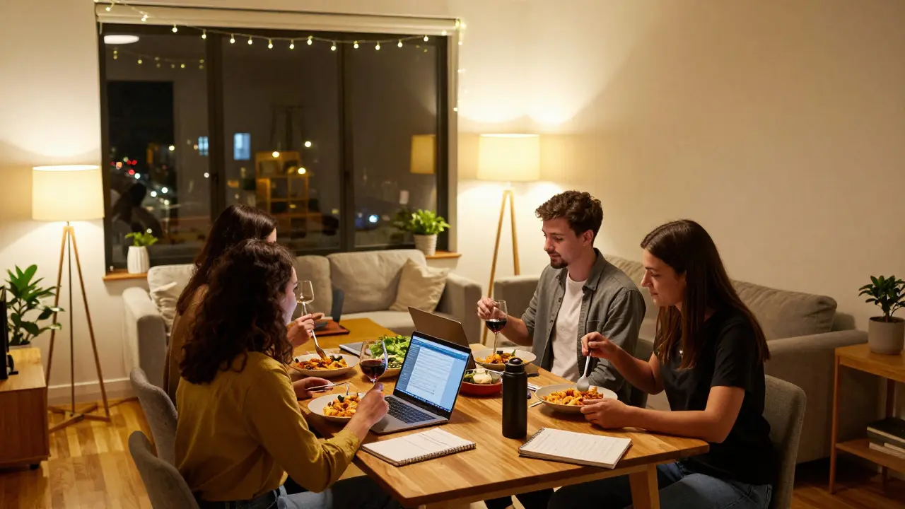 Friends cooking dinner together in a shared apartment to save money