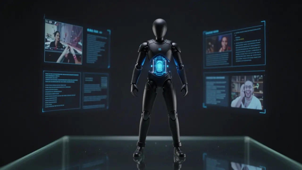 Futuristic action figure with holographic digital effects on a glass surface