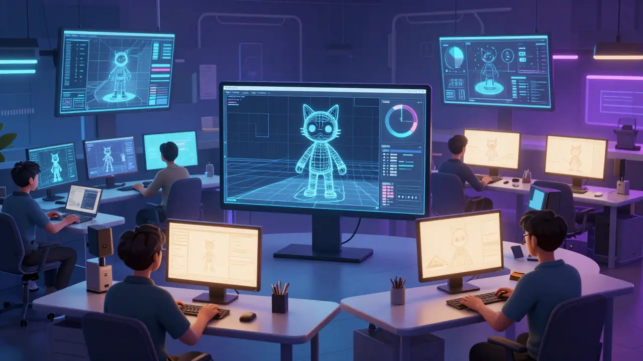 Futuristic animation studio with artists working on 3D character models