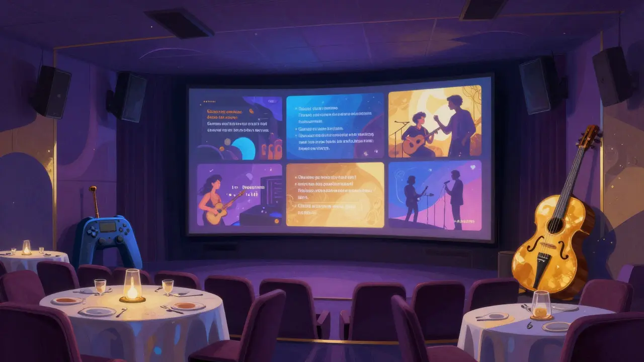 Futuristic cinema interior blending screens with dining and gaming elements
