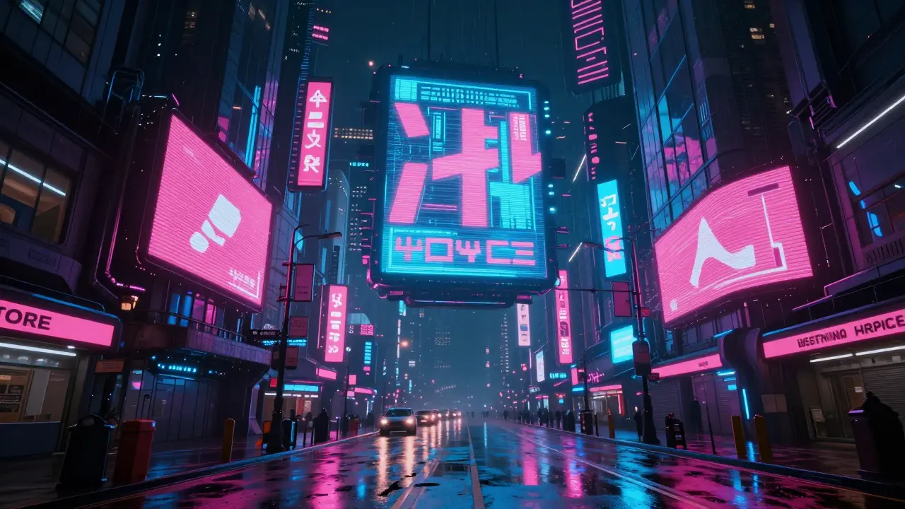 Futuristic city street with neon holograms and dense signage at night