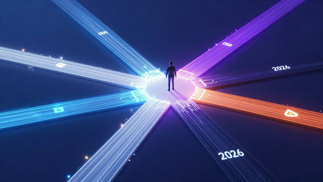 Futuristic illustration of a person choosing between different streaming service paths