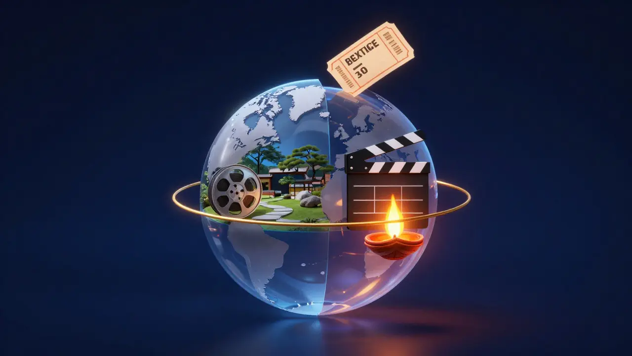 Globe illustration connecting Japanese and Indian festival scenes with film symbols