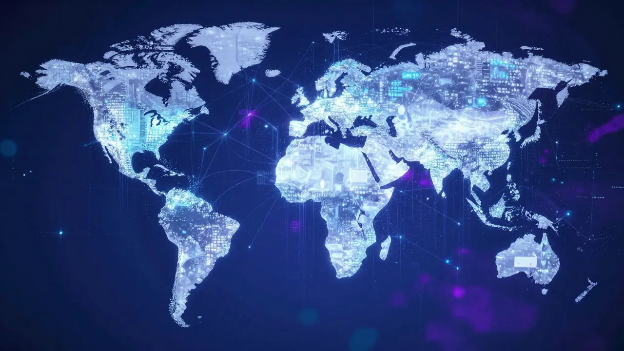 Glowing digital globe connecting world cities with streams of light