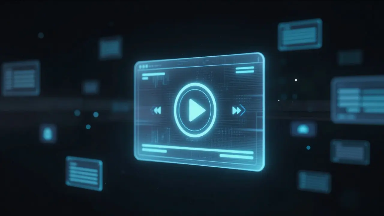 Glowing digital video interface surrounded by floating data points