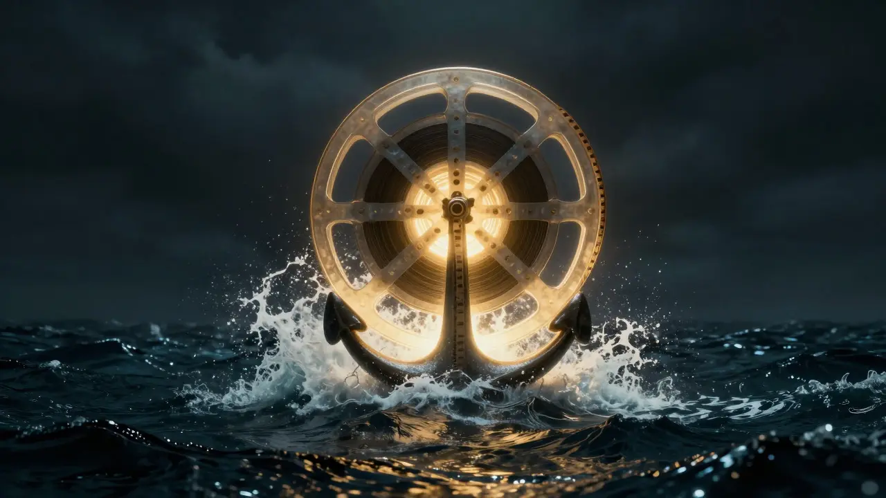 Glowing film reel anchoring a turbulent dark ocean