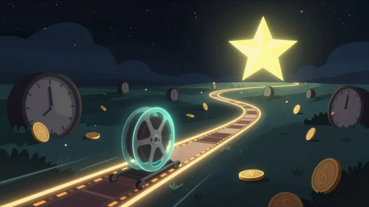 Glowing film reel traveling a path towards a bright star in a dark sky