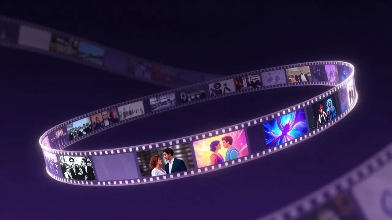 Glowing film strip timeline floating in a dark, starry space
