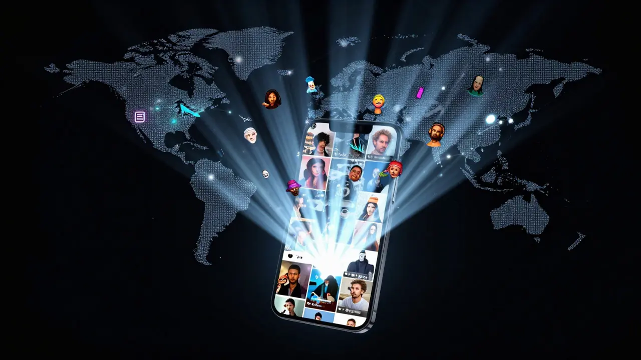 Glowing smartphone screen projecting diverse stories to a global audience