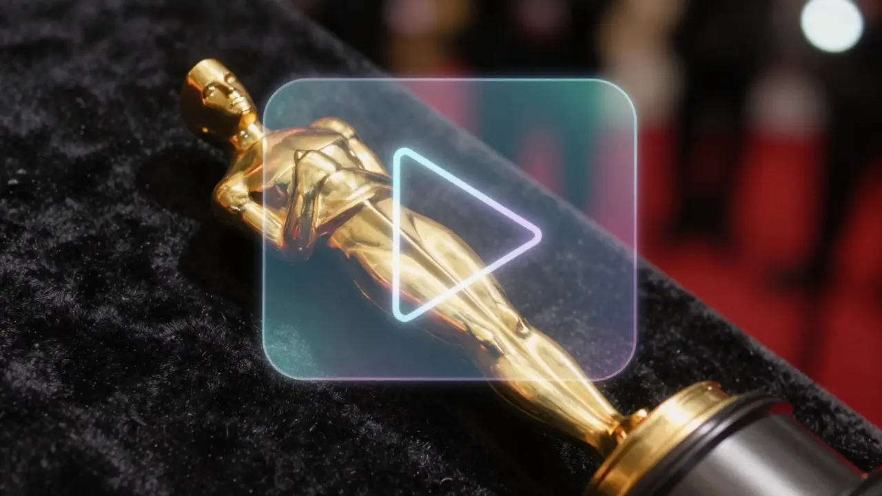 Golden award statue with holographic play button overlay in dramatic light